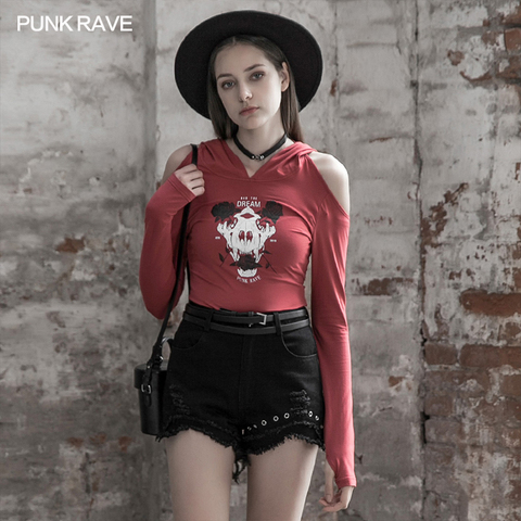 PUNK RAVE Women's Ghost Head Printed T-shirt with Cap Skull and Crossbones Rose Print Cutout Shoulder Sexy Tops ► Photo 1/6