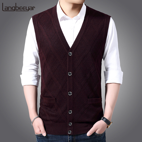 6% Wool Fashion Sleeveless Sweater For Mens Cardigan V Neck Slim Fit Jumpers Knitwear Warm Autumn Vest Casual Clothing Male ► Photo 1/6