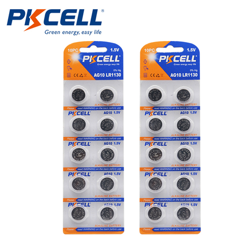 20Pcs/2Card  PKCELL 1.5V AG10 389 LR54 SR54 SR1130W 189 SB-BU L1130 1130  LR1130 Button Alkaline Cell Coin thermometer Battery ► Photo 1/6