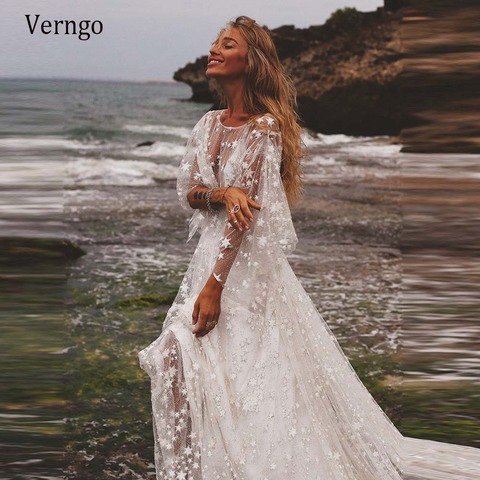 Verngo Sparkles Counting Stars Beach Wedding Dress Boho Lace Shine Beads Long Sleeves Modern Bohemian Bridal Gowns Glisten 2022 ► Photo 1/6
