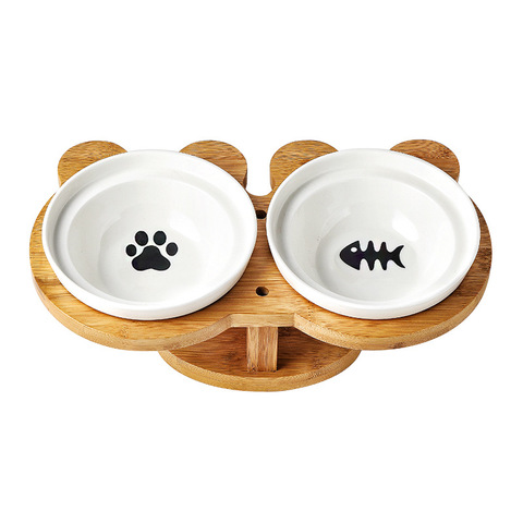 New Amboo Wood Ceramics Cat Bowl Pet Supplies Double Bowls Food Water Bowl Protection Spine High Foot Oblique Pet Feeder ► Photo 1/6