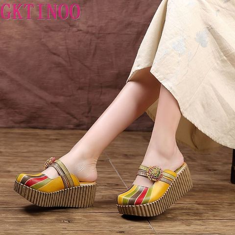 GKTINOO 2022 Summer Shoes Women Wedge Slides Cover Toes Handmade Flower Thick Heels Genuine Leather Lady Platform Slippers ► Photo 1/6