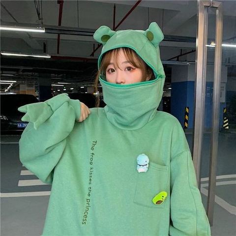 Harajuku Women Hoodie Frog Pullover Winter Sense Hooded Casual Sweatshirts Autumn Embroidery Loose Top Doll Decoration Hoodies ► Photo 1/6