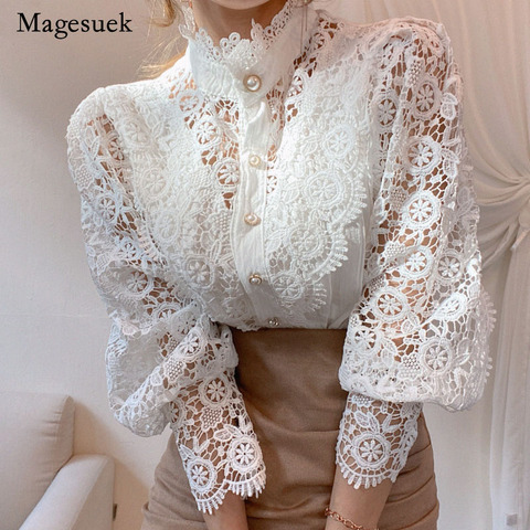 Petal Sleeve Stand Collar Hollow Out Flower Lace Patchwork Shirt Femme Blusas All-match Women Blouse Chic Button White Top 12419 ► Photo 1/6