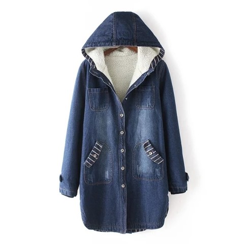 Women Denim Jacket Lambswool basic Thicken coat Autumn Winter large Size Long Velvet Cotton Quilted Hooded Denim Jacket Female ► Photo 1/6