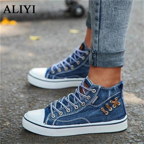 High Top Canvas Sneakers 2022 New Lace Up Comfortable Women Casual Denim Shoes Dropshipping 35-43 Large-Sized Female Sport Flats ► Photo 1/6