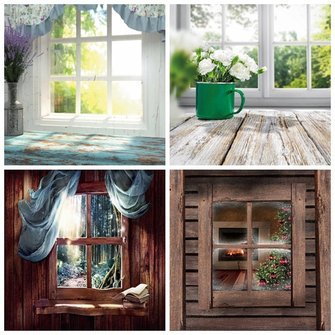 Laeacco Photo Background Gray Window Sill Wooden Board Curtain Morning Of Spring Sunrise Scene Photography Backdrop Photo Studio ► Photo 1/6