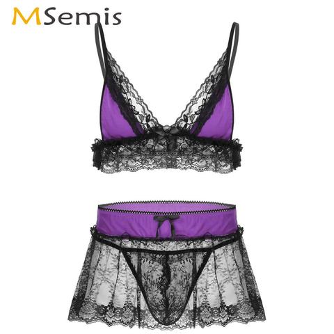 Men Sexy Transparent Micro Lingerie Set Sissy Lenceria Lace Nightwear Erotic Spaghetti Strap Bra with Mini Skirt G-string Briefs ► Photo 1/6