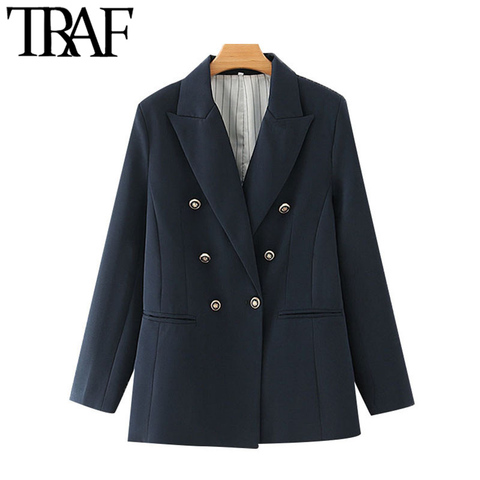 TRAF Women Fashion Office Wear Double Breasted Blazers Coat Vintage Long Sleeve Pockets Female Outerwear Chic Tops ► Photo 1/6