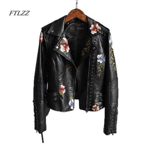 Ftlzz Women Floral Print Embroidery Faux Soft Leather Jacket Coat  Turn-down Collar Casual Pu Motorcycle Black Punk Outerwear ► Photo 1/6
