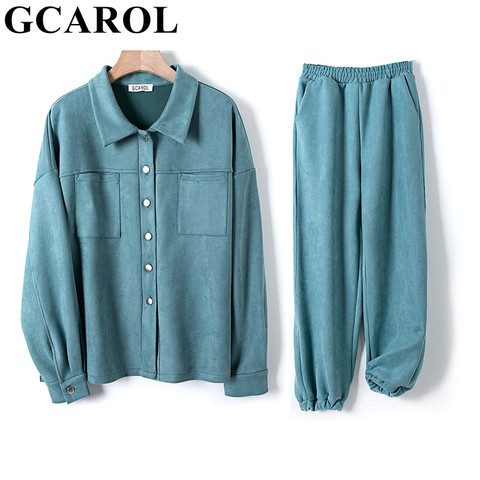 GCAROL Women'tracksuits Velvet  Jacket And Pants Drop Shoulder Oversized Jacket Single-Breasted Elastic Waist Overalls Cargo M,L ► Photo 1/6