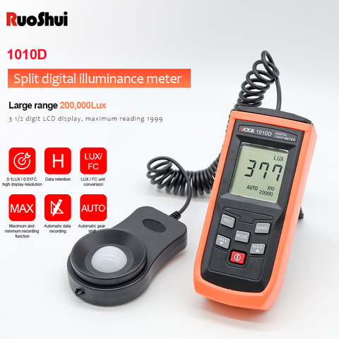 RuoShui 1010D Digital light meter Max 200,000Lux Luxmeter Luminance Lux Fc Test Illuminometers Photometer Auto LCD Illuminometer ► Photo 1/6