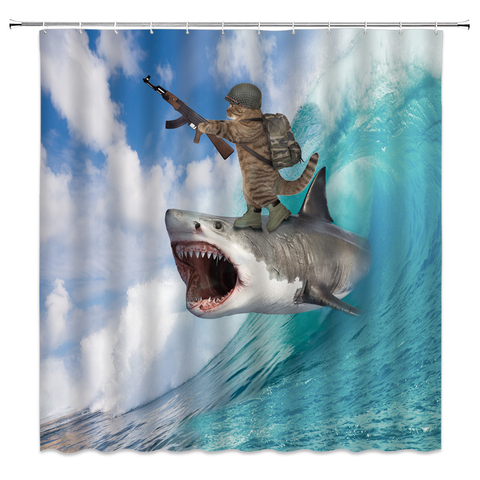 Funny Shower Curtains Ocean Wave Violent Shark Soldier Cat Cute Animals Creativity Bathroom Decor Waterproof Cloth Curtain Set ► Photo 1/5