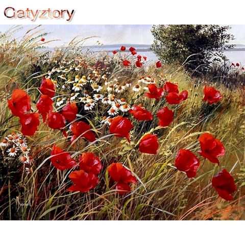 Painting By Numbers Kids red flowers Photo Frames Picture wall Decoration hoom Adult Acrylic Canvas Drawing Gatyztory Diy Kit ► Photo 1/1