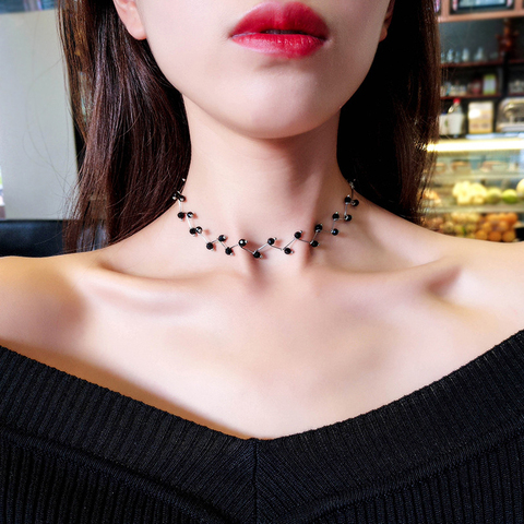 2022 New Arrivals Hot Fashion Black Crystal Necklace Kolye Collier Simple Cross Strand Beaded Chokers Necklaces Women Jewelry ► Photo 1/6