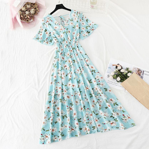 2022 New Floral Women Dress bohemian Sexy V-neck A-Line Short sleeves Chiffon Dresses summer Vintage beach Print Long Dress ► Photo 1/6