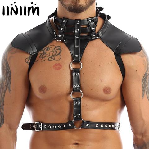 iiniim Mens Male Body Chest Harness Belt Faux Leather Halter Neck Buckles with O-rings Fancy Costume Well-muscled Sexy Clubwear ► Photo 1/1