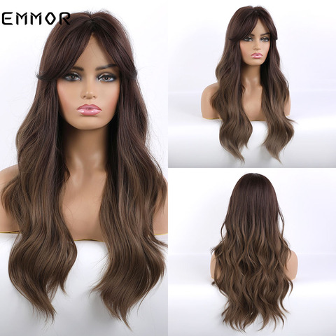 Emmor Ombre Dark Brown Wave Synthetic Hair Wigs with Bangs High Temperature Wavy Cosplay Costume Daily Wig for American Women ► Photo 1/6