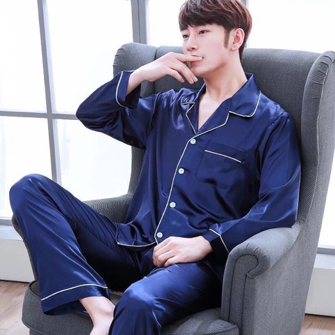 Men Pajama Sets Silk Satin Pijama Turn-down Collar Sleepwear  Long Sleeve Spring Nightwear Male 2 Pieces Sets Homewear CM11 ► Photo 1/6