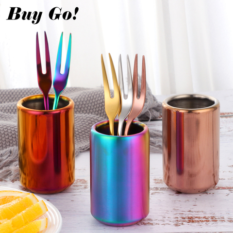 8 Colors Stainless Steel Fruit Fork Storage Cup Dessert Snack Fork Tube Cup Kids Pen Holder Storage Cylinder Home Party Utensil ► Photo 1/6