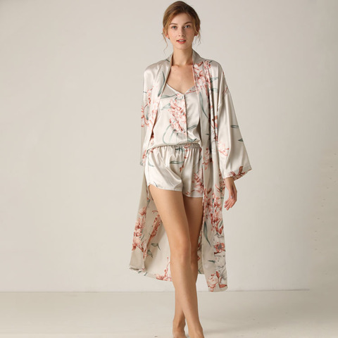 Print Flower 3PCS Nighty&Robe Suit Sleepwear Sexy Satin Kimono Gown Women Bathrobe Intimate Lingerie Nightwear Silky Nightgown ► Photo 1/6