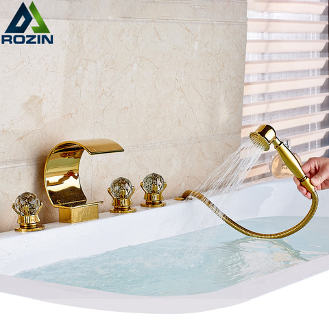 Golden Bathtub Faucet Waterfall Widespread Tub Mixer Tap Deck Mounted Pull Out Handshower Bath Shower Set 3 Handles ► Photo 1/6