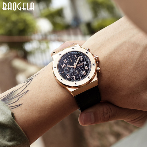 BAOGELA Men's Chronograph Quartz Watches 2022 New Waterproof Sports Casual Wrist Watch Man Leather Strap Clock 1805 Rose black ► Photo 1/6