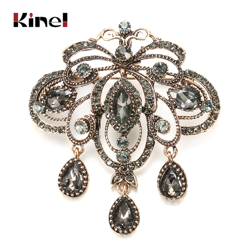 Kinel 2022 Fashion Vintage Gray Crystal Flower Women Brooch Pin Gold Color Arabesque Rhinestone Boho Brooch Lapel Scarf Broches ► Photo 1/6