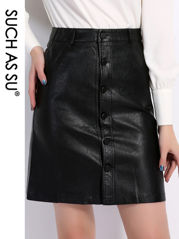 Fall Winter Skirts Women 2022 Brand Knee-Length PU Leather Skirt S M L XL XXL XXXL Plus Size Single-Breasted Black Skirt Female ► Photo 1/6