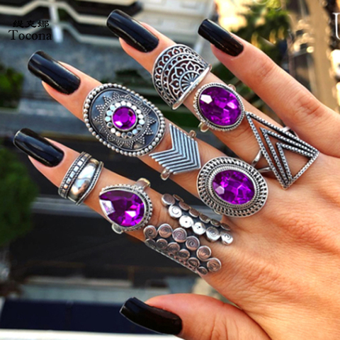 Tocona 9pcs/sets Purple Rhinestone Vintage Silver Color Rings for Women Flowers Geometry Bohemian Jewelry кольцо wedding 8261 ► Photo 1/6