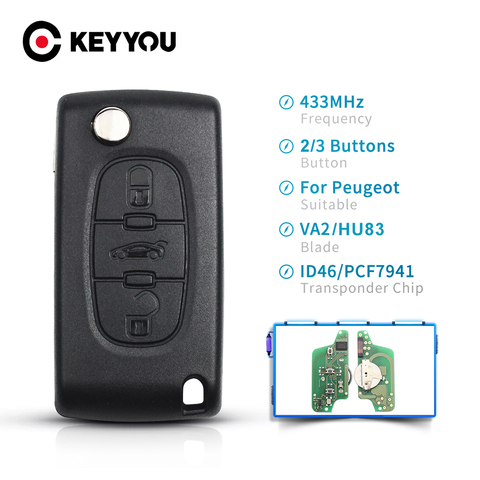 KEYYOU 2/3BT CE0536 CE0523 Remote Key Fob 433Mhz ASK For Peugeot 307 3008 308 408 433MHz ID46 Chip Car Flip Key VA2/HU83 Blade ► Photo 1/6