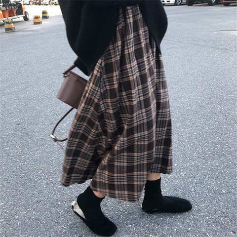 New Japanese Harajuku Autumn Winter Women Midi Skirt High Waist Plaid Female Saias Korean Ulzzang Streetwear Elegant Long Skirts ► Photo 1/6