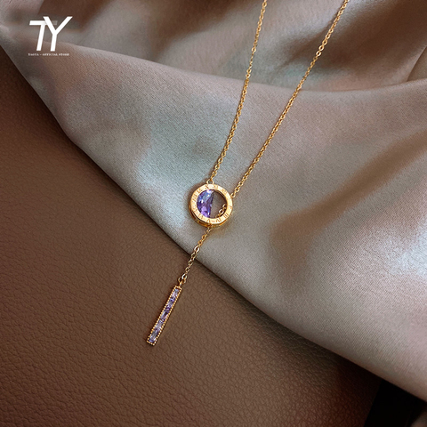 Luxury Roman Digital Titanium Steel Colorless Necklace For Woman Fashion Korean Jewelry Christmas Sexy Purple Crystal Neckchain ► Photo 1/6