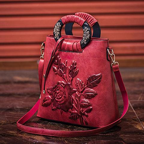 Women Chinese Floral Print Ring Handle Shoulder Bag Faux Leather Handbag Pouch  Large Capacity Faux Leather Women Shoulder Bag ► Photo 1/6