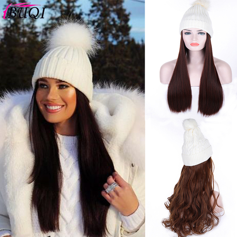 BUQI Long hair 22 inches long wavy straight hair synthetic hair wig with hat black female heat resistant ► Photo 1/6