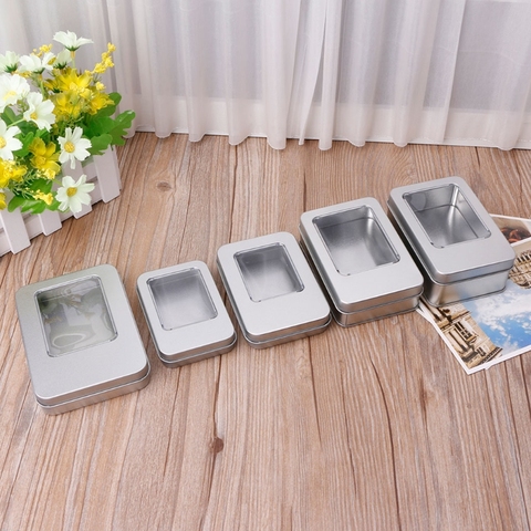 Rectangular Tin Silver Storage Box Case Organizer with Half Clear Window Lid  ► Photo 1/5