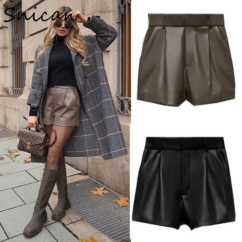 Snican Sexy High Waist Faux Pu Leather Shorts Za 2022 Women Bottom pantalon Taille Haute Spring Vintage Solid Short Cuir Femme ► Photo 1/6