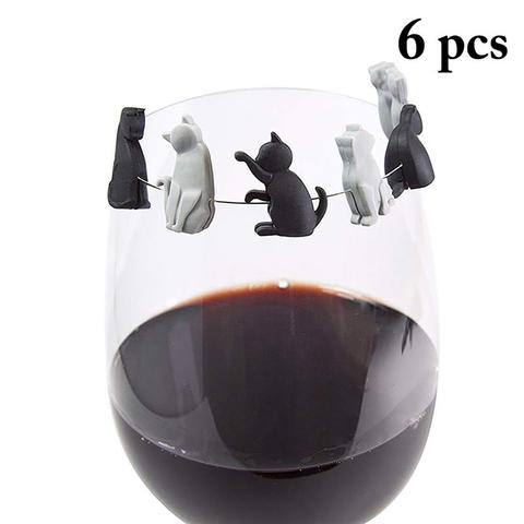 6pcs/set Cute Cat Shape Wine Cup Mark Wine Glass Charm Cute Cat Design Silicone Wine Glass Marker Bar Accessories ► Photo 1/6