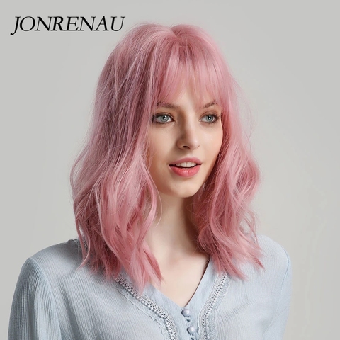 JONRENAU High Quality Short Natural Wave Hair Synthetic Wigs with Neat Bangs for Women Pink Beige Brown 3 Colors for Choose ► Photo 1/6