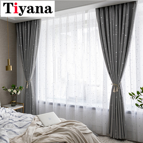 Shiny Silver Star Blackout Curtains for Kids Child Bedroom White Tulle Grey Curtains for Living Room Window Home Decor P123Z ► Photo 1/6