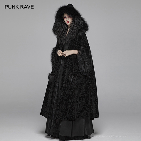 PUNK RAVE Women's Gothic Gorgeous Winter Hooded Cloak Victorian Court Party Club Stage Performance Black Women Long Coat Cape ► Photo 1/1