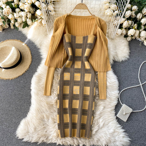 Women knit two piece set plaid print spaghetti strap bodycon mini dress and long sleeve knit cardigan suits womens clothing sets ► Photo 1/6