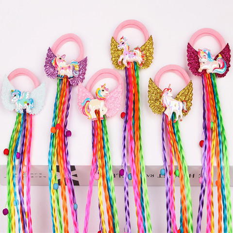 1 PC Unicorn Design Children Wig Elastic Hair Bands Girls Braids Unicorn Wing Hair Tie Twisted Sweet Kids Rainbow Rubber Band ► Photo 1/6