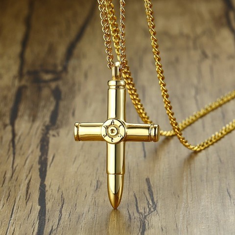 Vnox Design Bullet Cross Pendants for Men Guard Series Necklace Gold Color Stainless Steel Male Collares 24