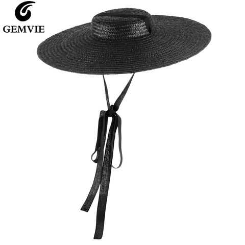 GEMVIE 4 Color Wide Brim Flat Top Straw Hat Summer Hats For Women Ribbon Beach Cap Boater Fashionable Sun Hat With Chin Strap ► Photo 1/6