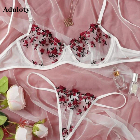 New women's lace embroidered underwear underwire gather bra and panty set thin mesh see-through sexy erotic lingerie thong set ► Photo 1/6