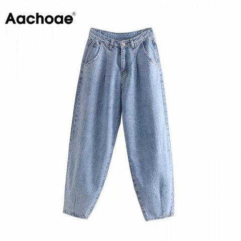 Aachoae Women Blue Harem Jeans Loose mom Jeans High Waist Streetwear Boyfriends Washed Denim Long Trousers Bottoms Slouchy Jeans ► Photo 1/6