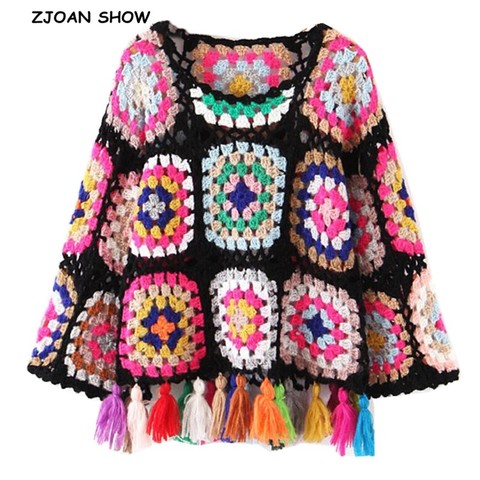 2022 Bohemia Geometric Colored Plaid Hollow Out Hole Sweater Ethnic Retro Women Tassel Lacing Up Knitted Knitwear Jumper femme ► Photo 1/6