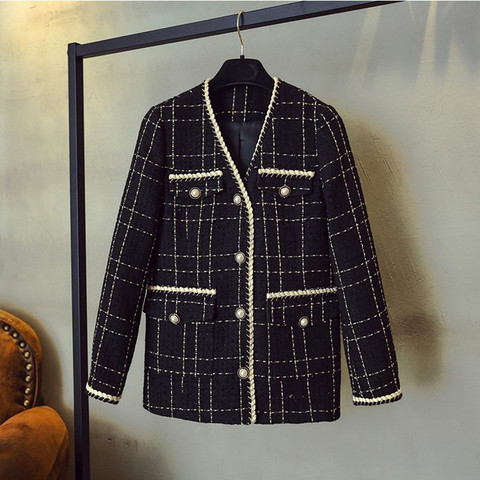 Luxury Designer Brand Wool Blends Coat for Women Fashion Black Vintage V Neck Plaid Wide Waisted Tweed Coat ► Photo 1/6