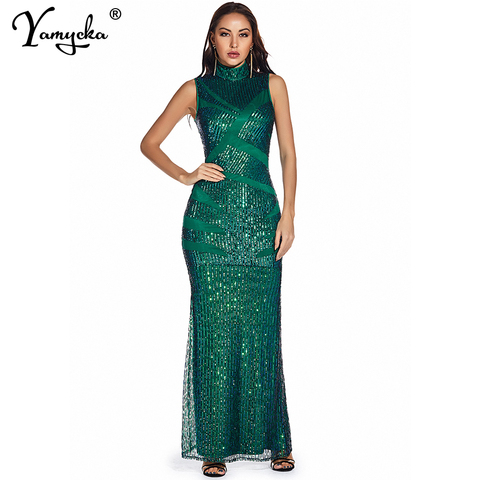 Sexy Maxi Club woman Summer sequin dress women party night glitter bodycon vintage robe Green long dress ladies dresses vestidos ► Photo 1/1